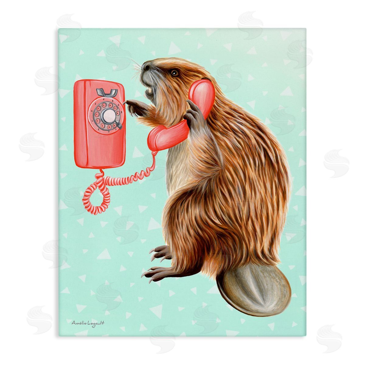 Amelie Legault Beaver Dialing Telephone Vintage Turquoise Shapes Stretched Canvas Wall Art Print