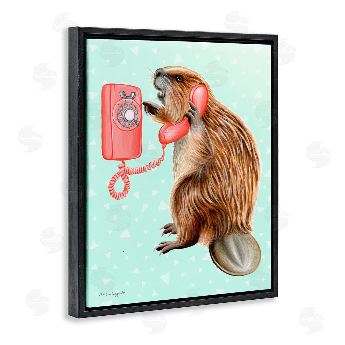 Amelie Legault Beaver Dialing Telephone Vintage Turquoise Shapes Black Floating Frame Canvas Wall Art Print