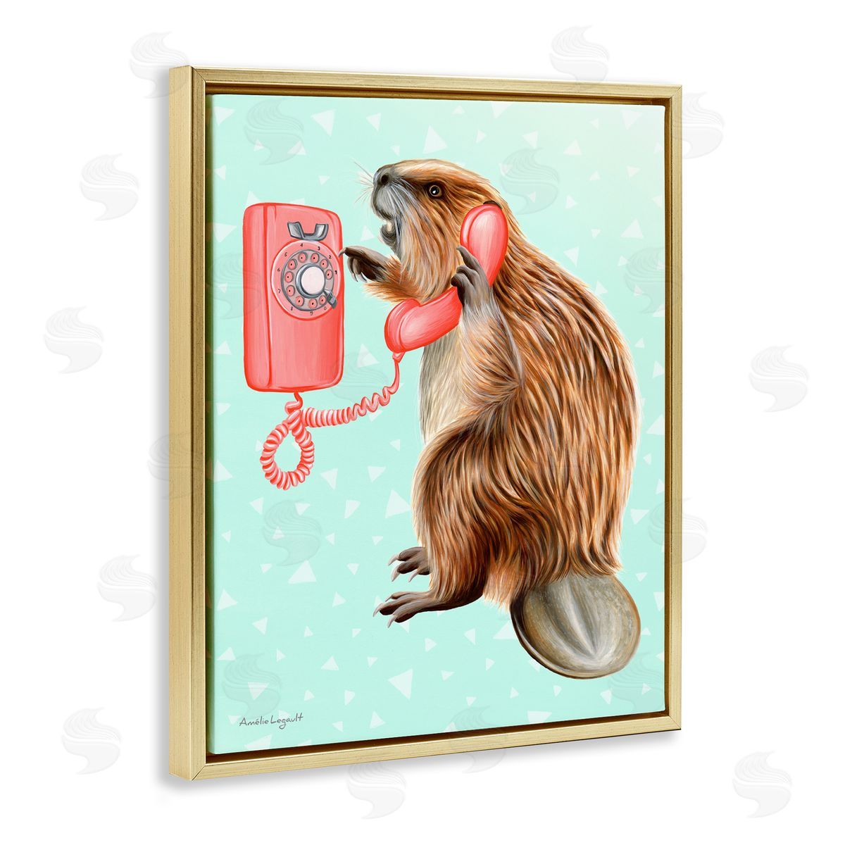 Amelie Legault Beaver Dialing Telephone Vintage Turquoise Shapes Gold Floating Frame Canvas Wall Art Print