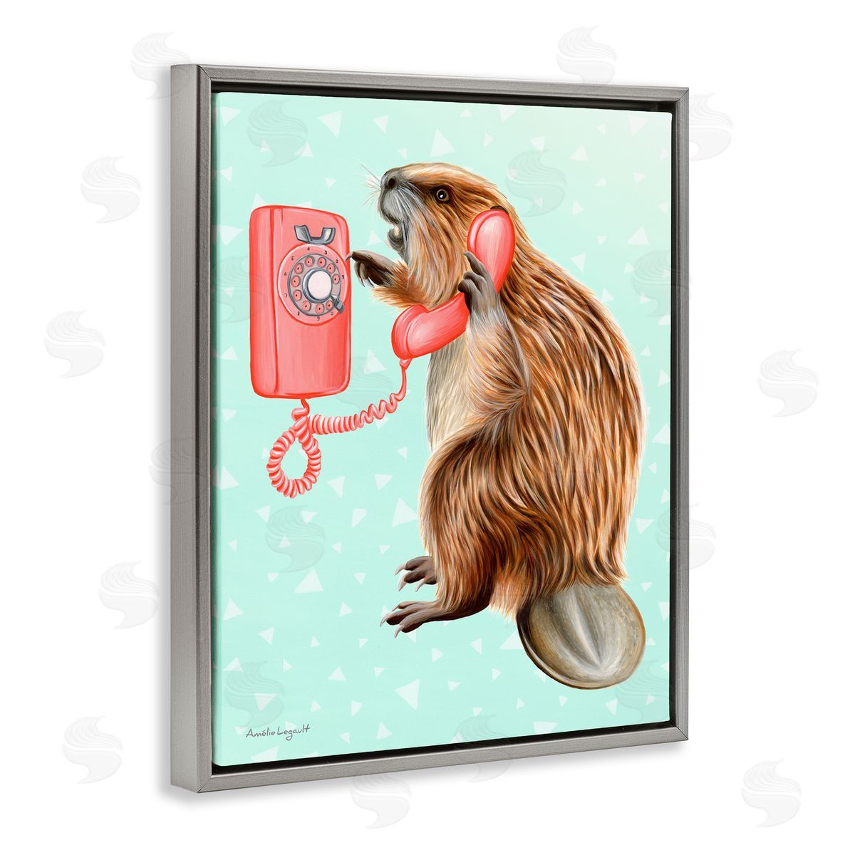 Amelie Legault Beaver Dialing Telephone Vintage Turquoise Shapes Gray Floating Frame Canvas Wall Art Print