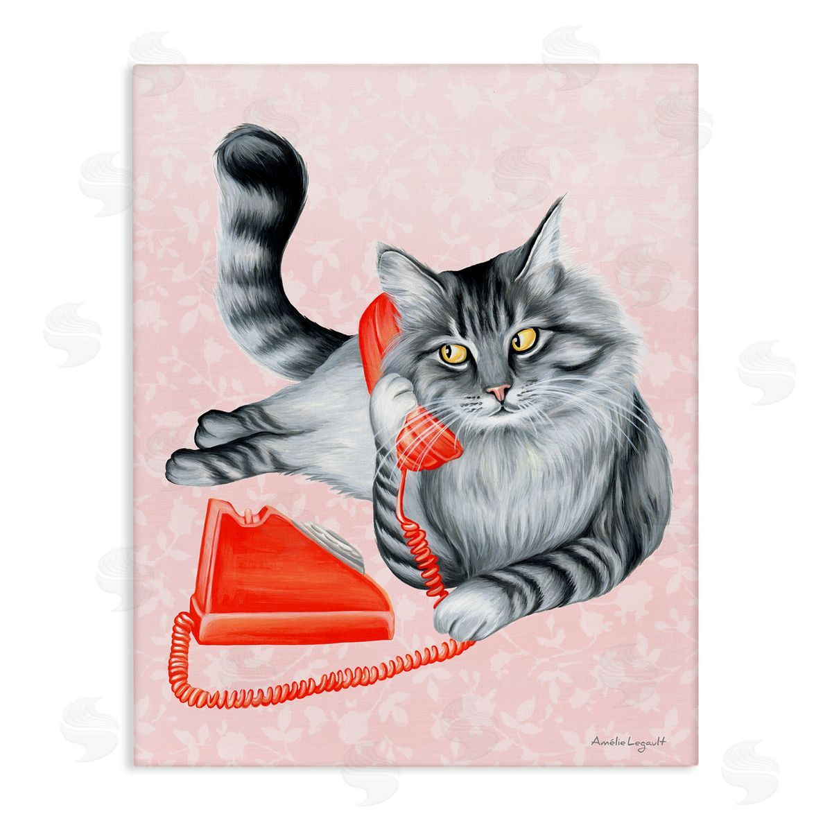 Amelie Legault Expressive Manx Cat Vintage Telephone Botanical Pattern Stretched Canvas Wall Art Print