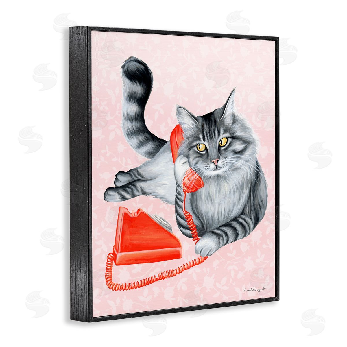 Amelie Legault Expressive Manx Cat Vintage Telephone Botanical Pattern Black Framed Giclee Wall Art Print