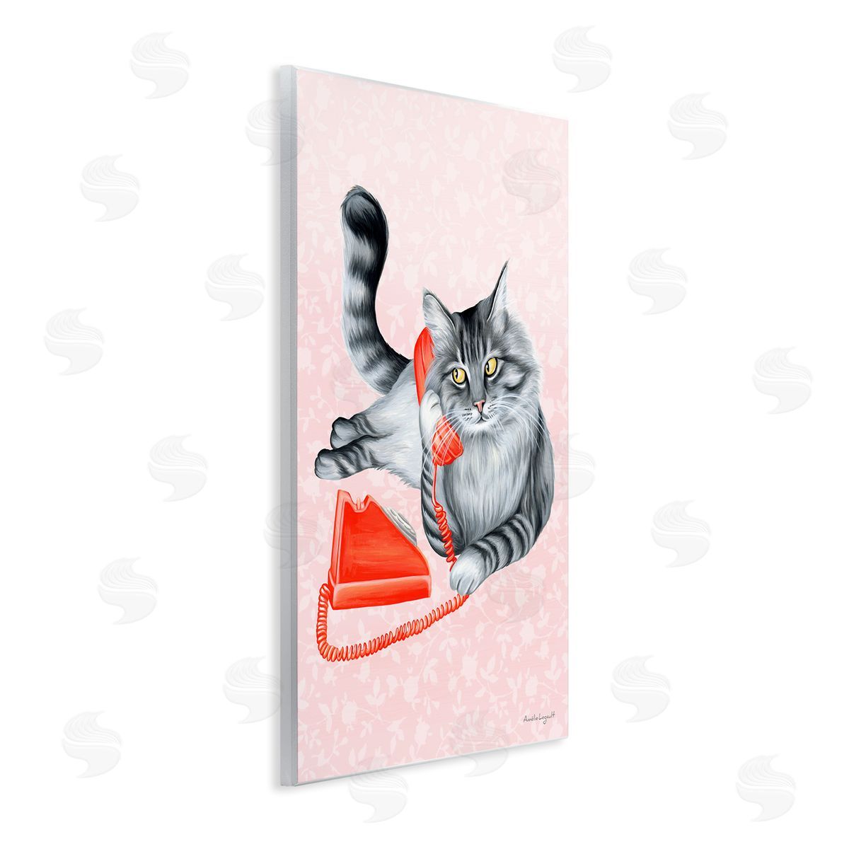 Amelie Legault Expressive Manx Cat Vintage Telephone Botanical Pattern Wall Plaque Art Print