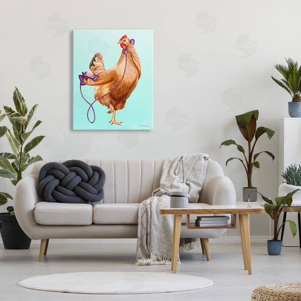 Amelie Legault Chicken Hen Bird Talking Purple Rotary Phone  Canvas Wall Art Print in Room