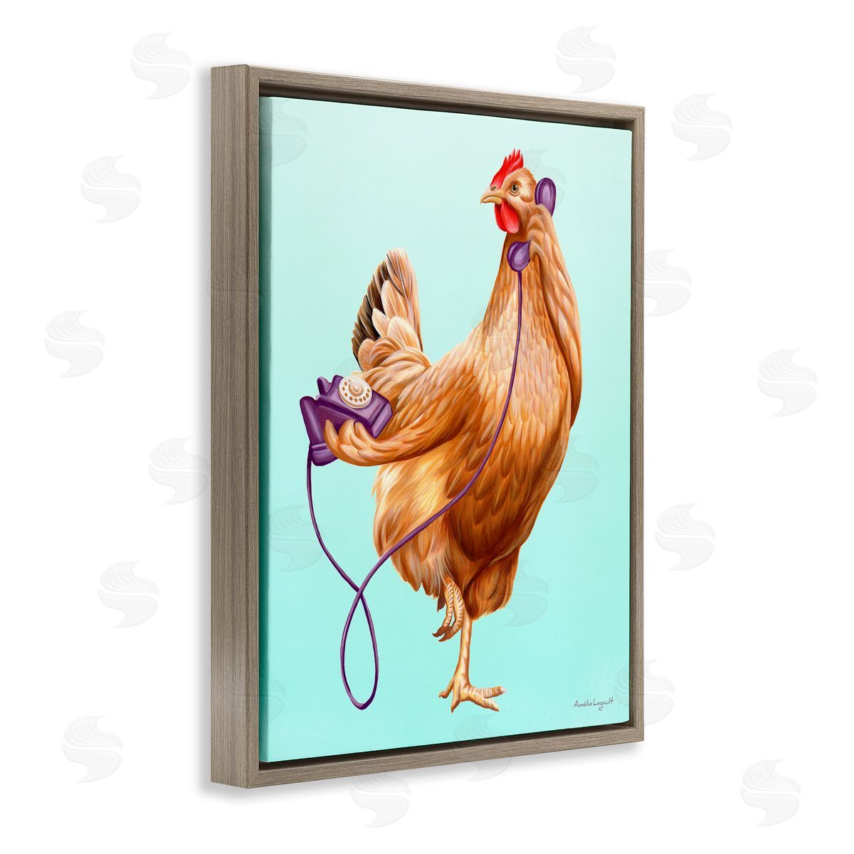Amelie Legault Chicken Hen Bird Talking Purple Rotary Phone  Brown Floating Frame Canvas Wall Art Print