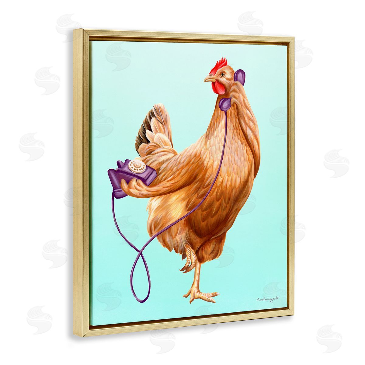 Amelie Legault Chicken Hen Bird Talking Purple Rotary Phone  Gold Floating Frame Canvas Wall Art Print