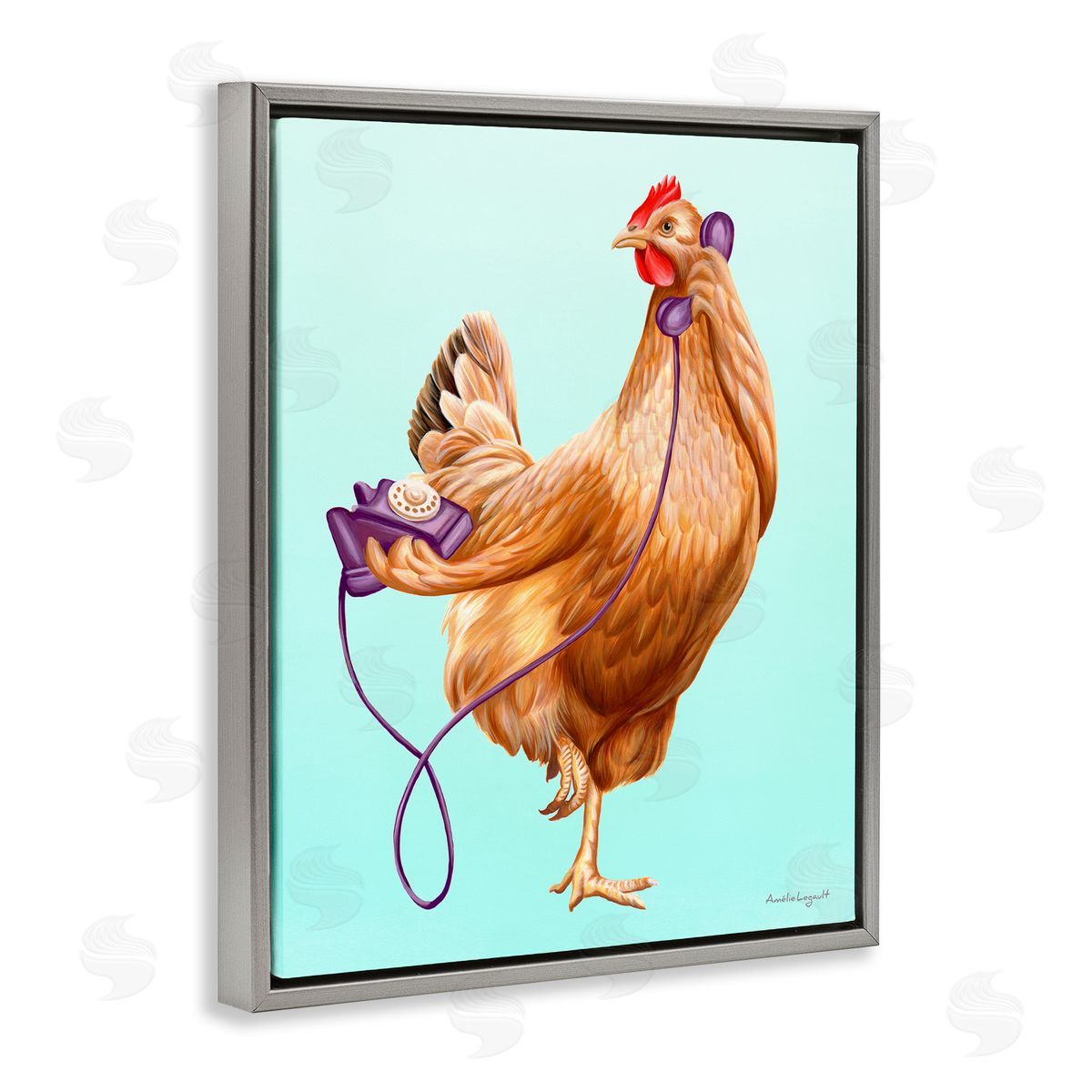 Amelie Legault Chicken Hen Bird Talking Purple Rotary Phone  Gray Floating Frame Canvas Wall Art Print