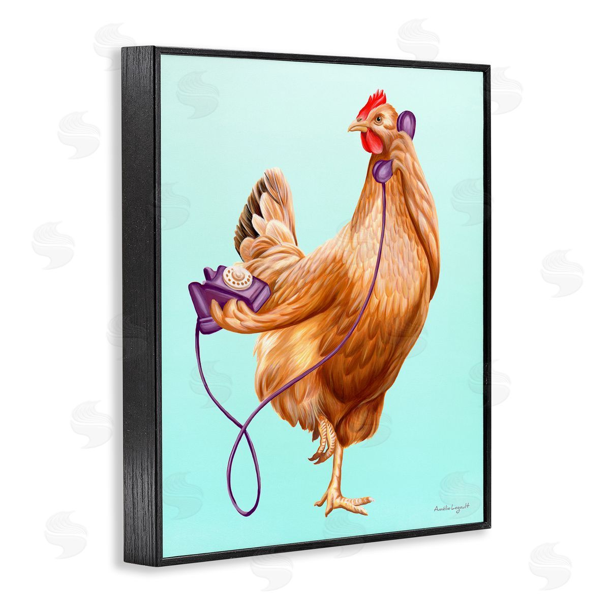 Amelie Legault Chicken Hen Bird Talking Purple Rotary Phone  Black Framed Giclee Wall Art Print