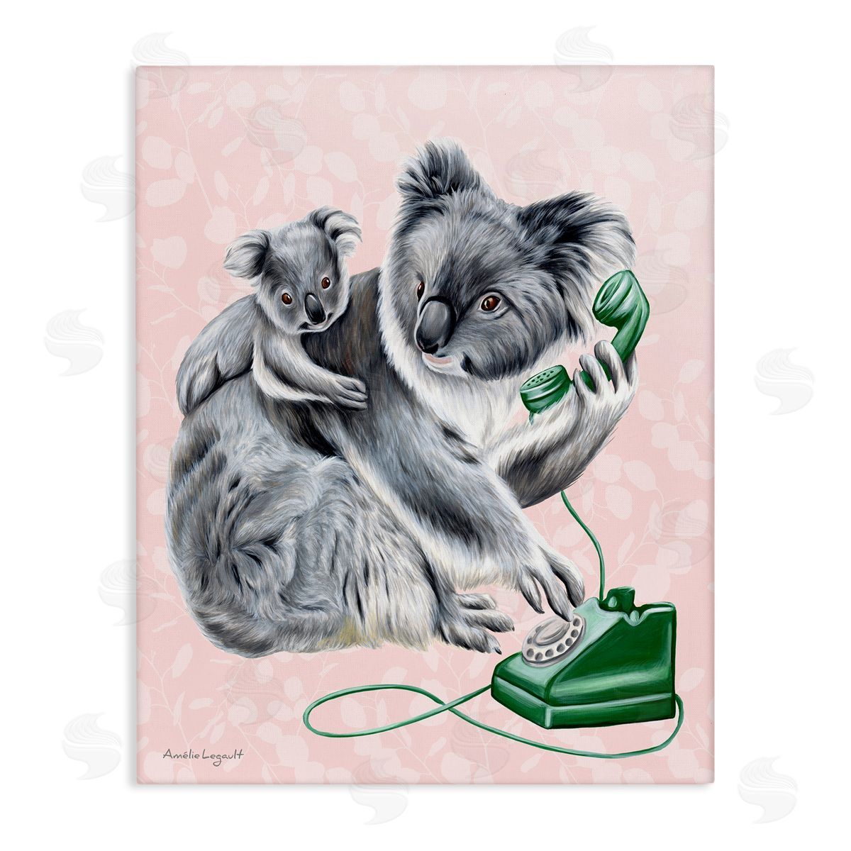 Amelie Legault Koala & Baby Green Rotary Phone Vintage Botanicals Stretched Canvas Wall Art Print