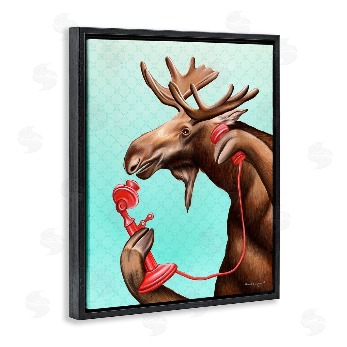 Amelie Legault Vintage Moose With Candlestick Telephone Ombre  Black Floating Frame Canvas Wall Art Print