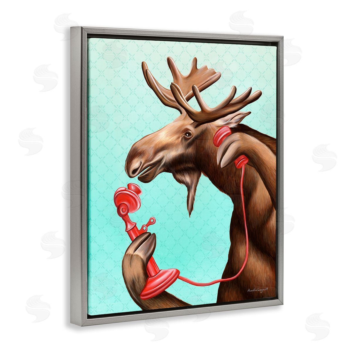 Amelie Legault Vintage Moose With Candlestick Telephone Ombre  Gray Floating Frame Canvas Wall Art Print