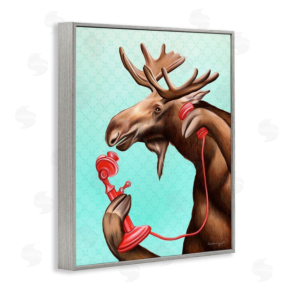Amelie Legault Vintage Moose With Candlestick Telephone Ombre  Gray Framed Giclee Wall Art Print