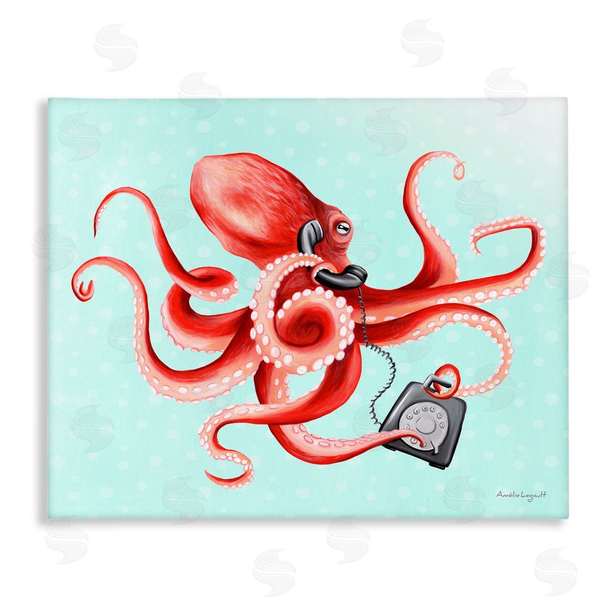 Amelie Legault Red Ombre Octopus Tentacles Retro Rotary Phone  Stretched Canvas Wall Art Print
