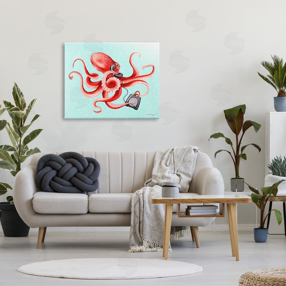 Amelie Legault Red Ombre Octopus Tentacles Retro Rotary Phone  Canvas Wall Art Print in Room