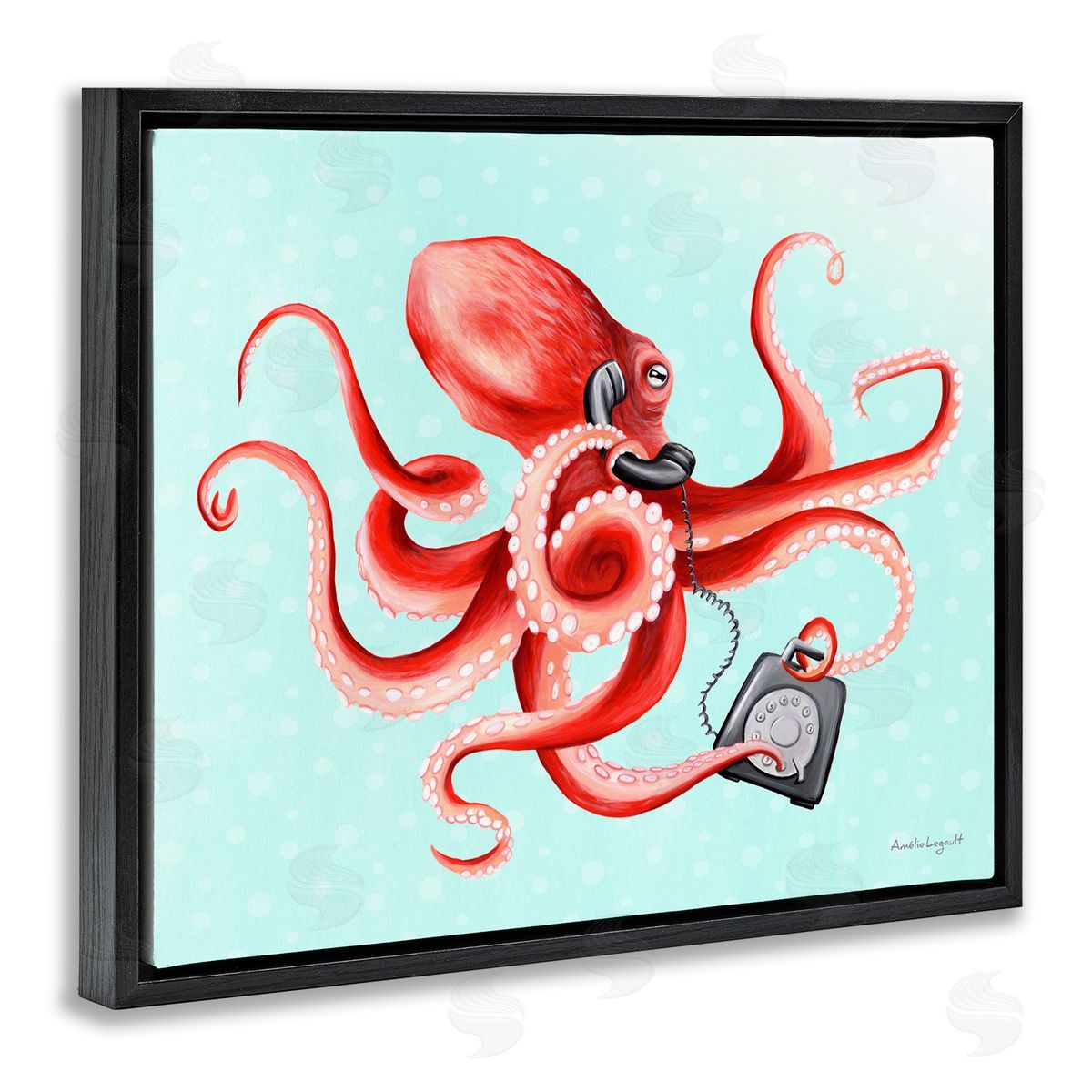 Amelie Legault Red Ombre Octopus Tentacles Retro Rotary Phone  Black Floating Frame Canvas Wall Art Print