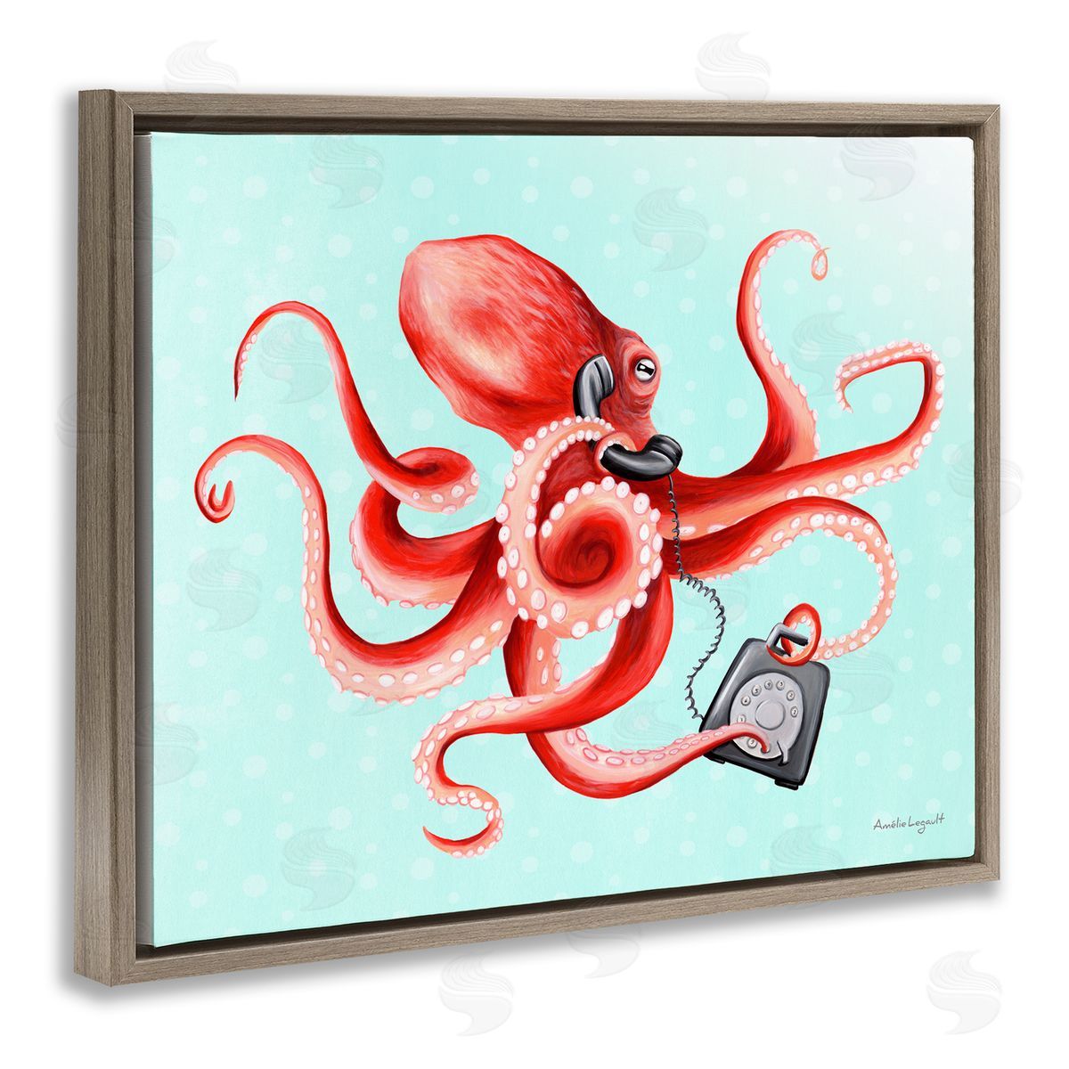 Amelie Legault Red Ombre Octopus Tentacles Retro Rotary Phone  Brown Floating Frame Canvas Wall Art Print