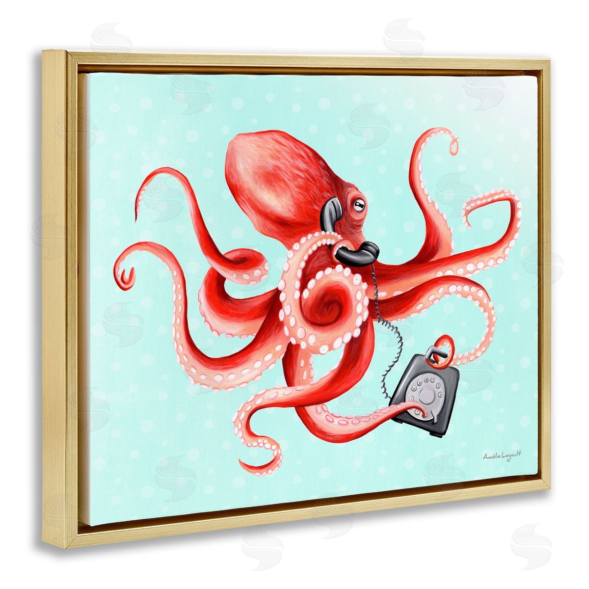 Amelie Legault Red Ombre Octopus Tentacles Retro Rotary Phone  Gold Floating Frame Canvas Wall Art Print
