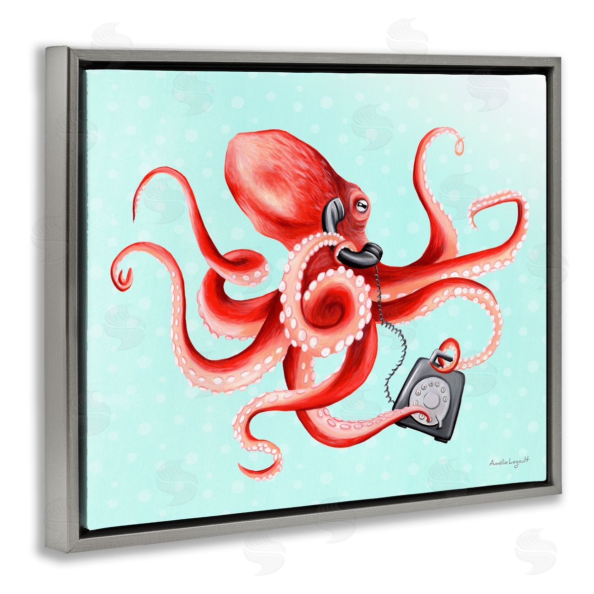 Amelie Legault Red Ombre Octopus Tentacles Retro Rotary Phone  Gray Floating Frame Canvas Wall Art Print