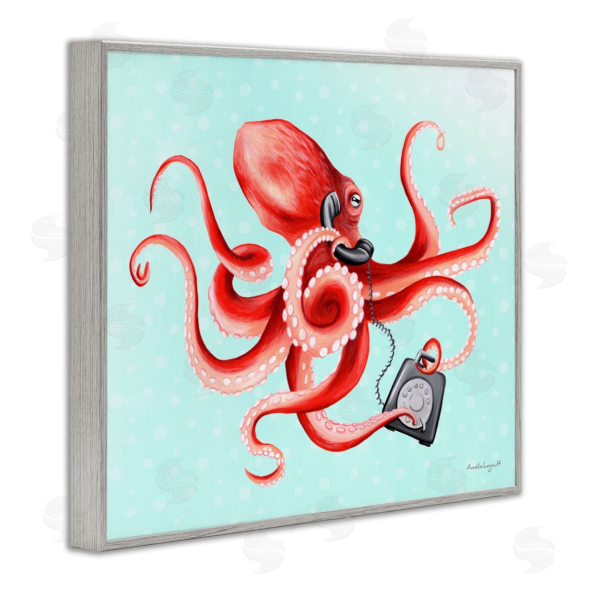 Amelie Legault Red Ombre Octopus Tentacles Retro Rotary Phone  Gray Framed Giclee Wall Art Print
