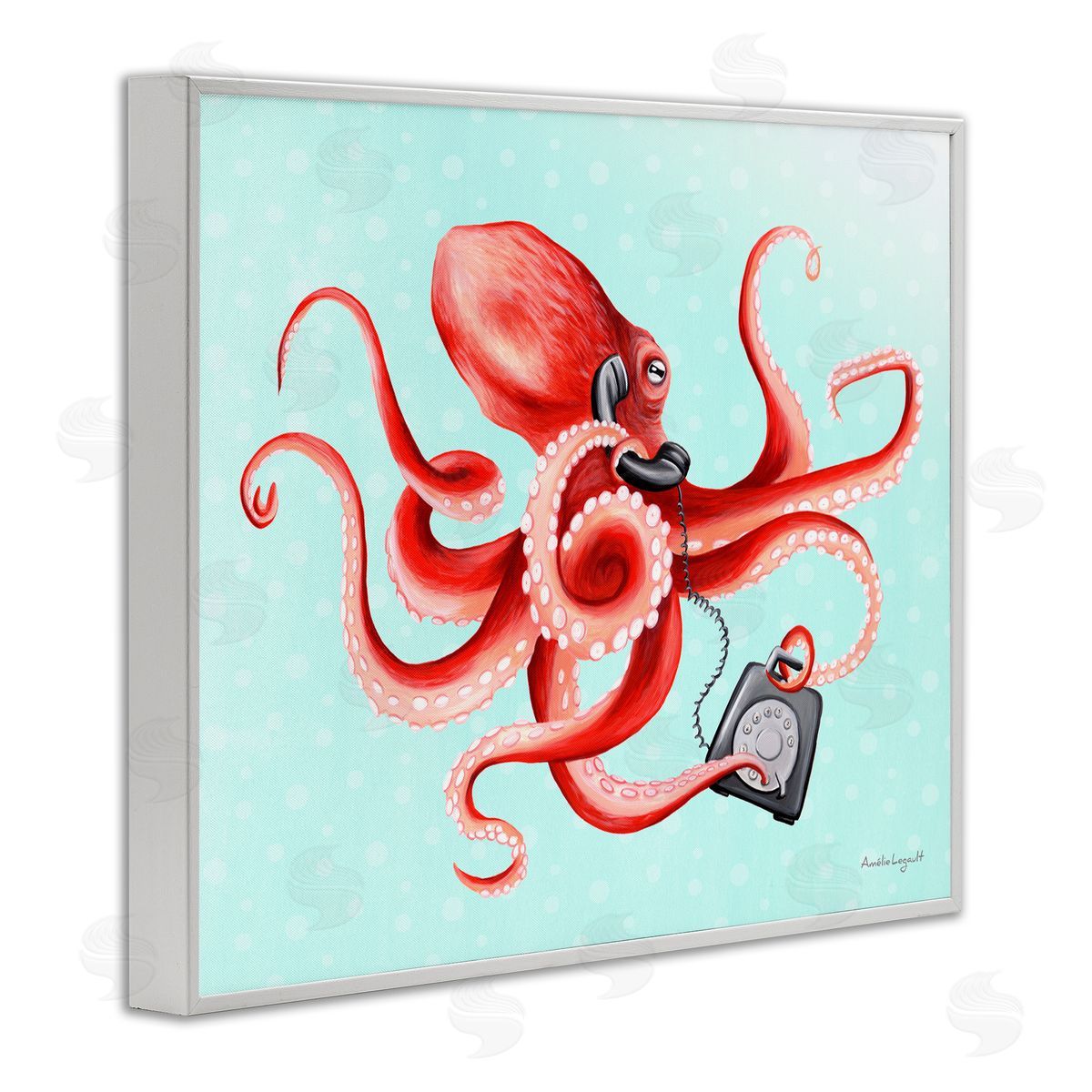 Amelie Legault Red Ombre Octopus Tentacles Retro Rotary Phone  White Framed Giclee Wall Art Print