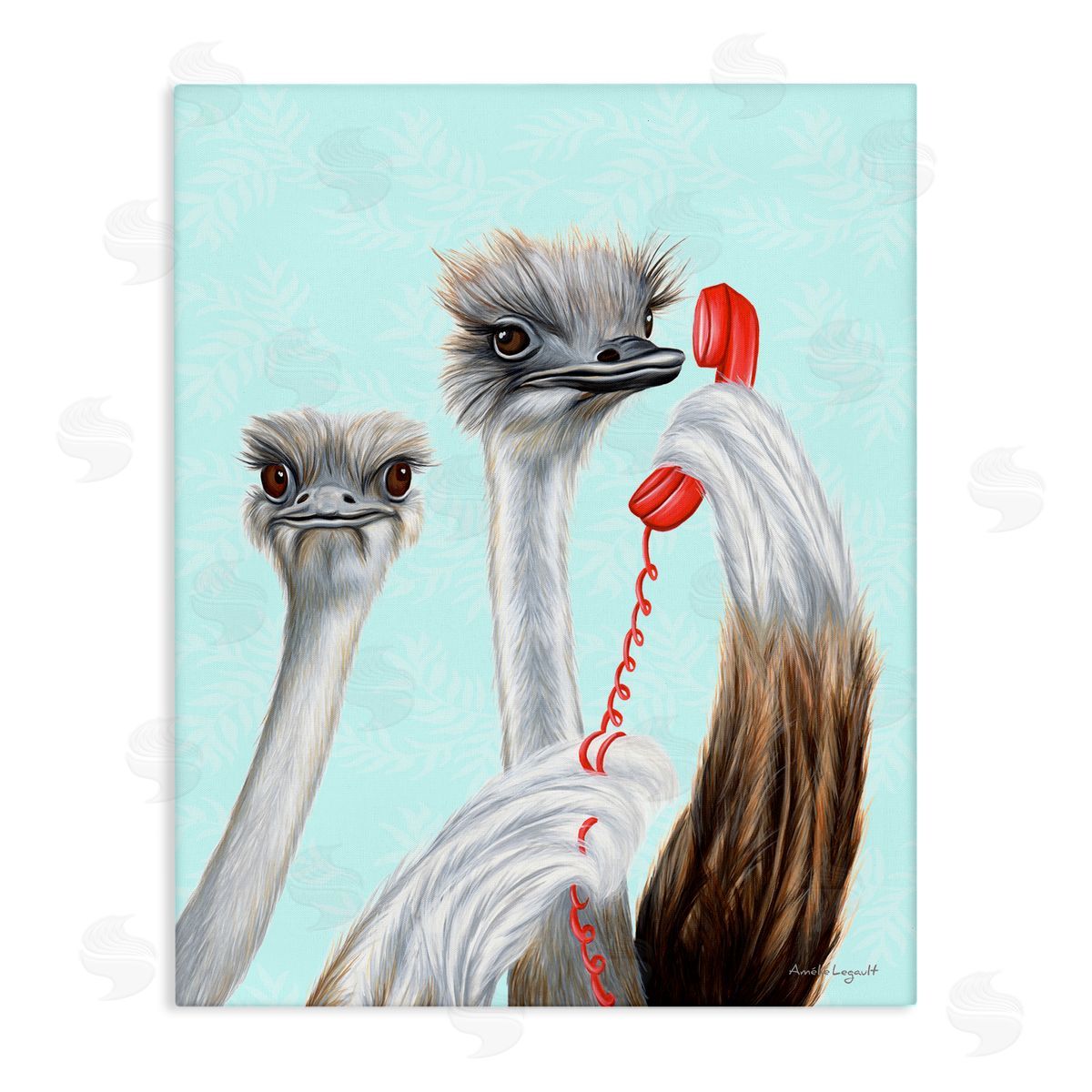 Amelie Legault Detailed Ostrich Birds Talking Red Cord Telephone  Stretched Canvas Wall Art Print