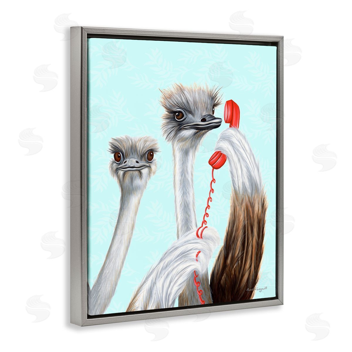 Amelie Legault Detailed Ostrich Birds Talking Red Cord Telephone  Gray Floating Frame Canvas Wall Art Print
