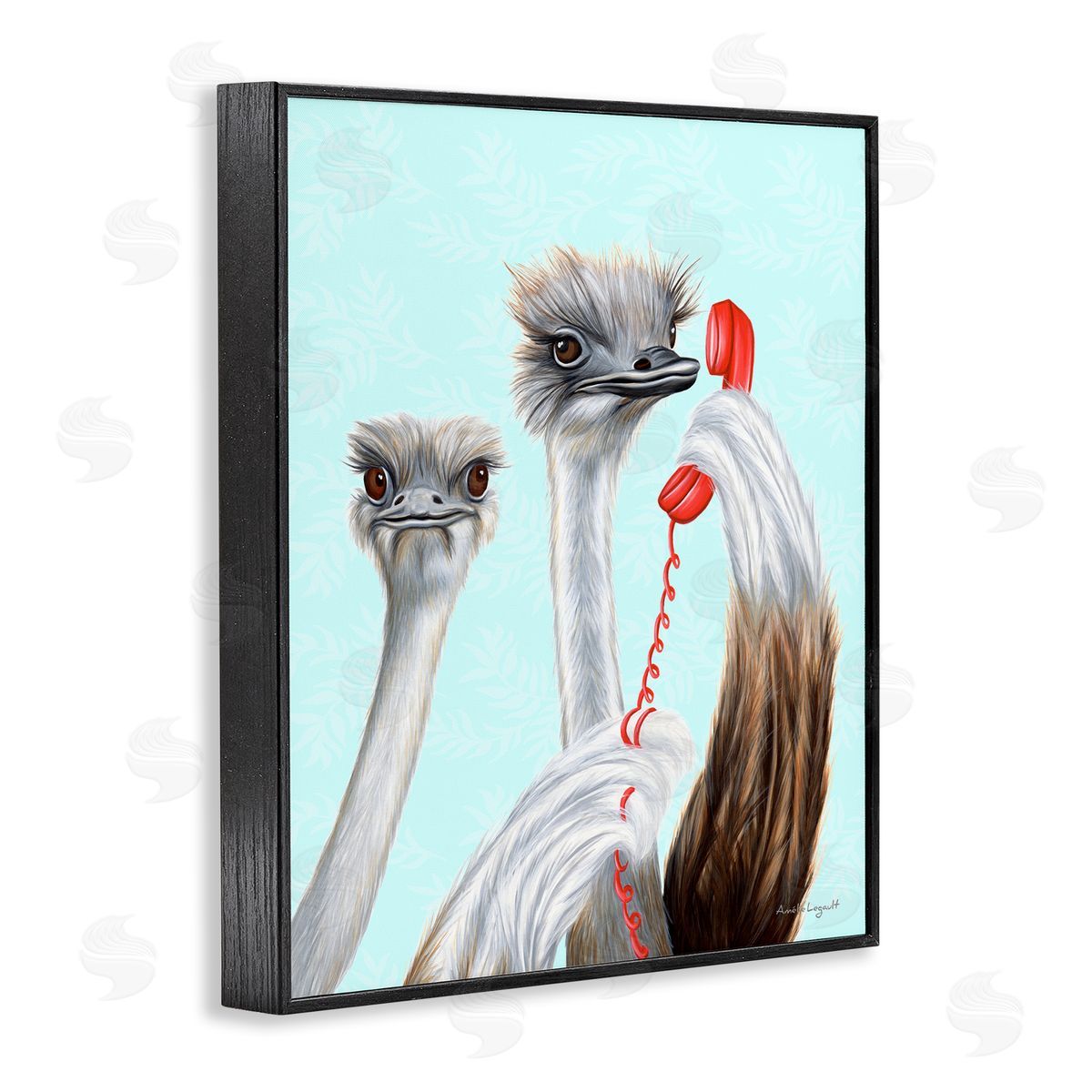 Amelie Legault Detailed Ostrich Birds Talking Red Cord Telephone  Black Framed Giclee Wall Art Print