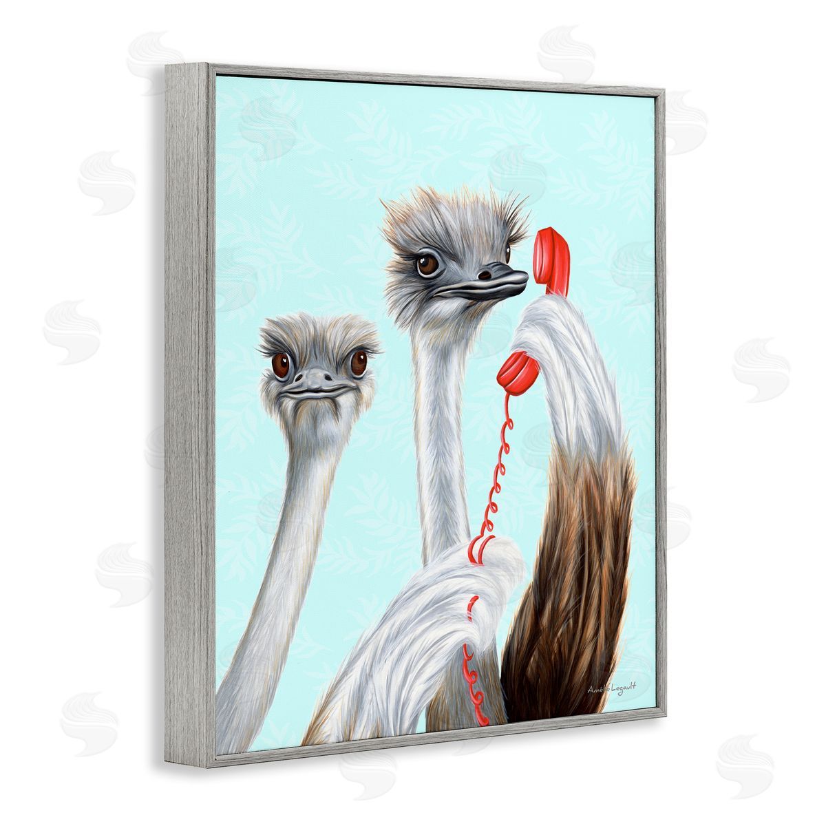 Amelie Legault Detailed Ostrich Birds Talking Red Cord Telephone  Gray Framed Giclee Wall Art Print