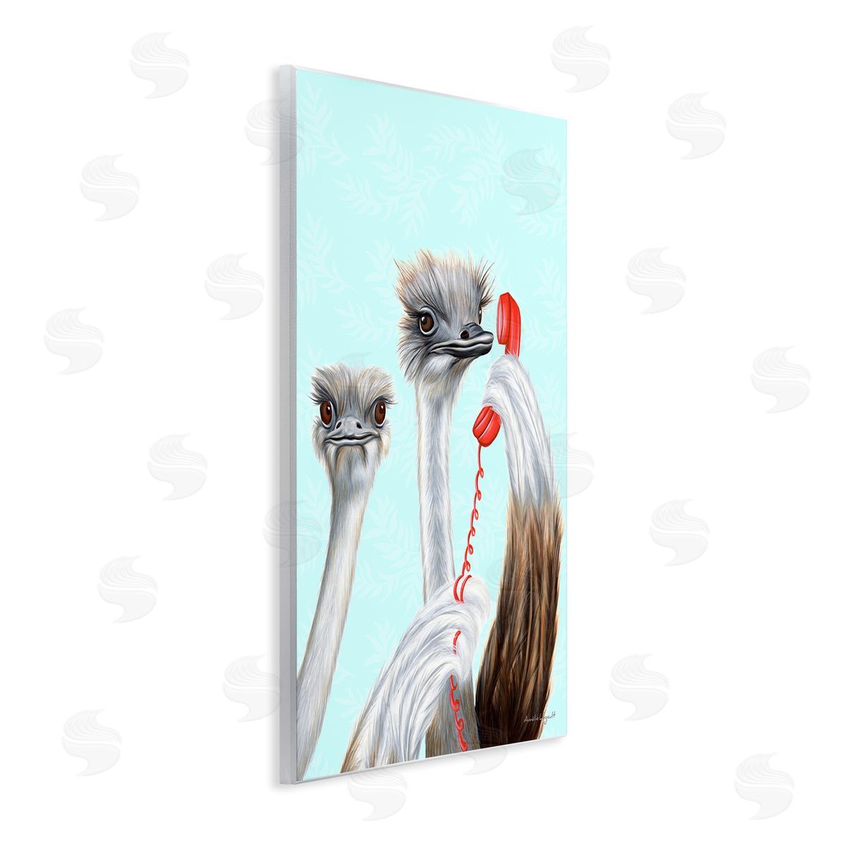 Amelie Legault Detailed Ostrich Birds Talking Red Cord Telephone  Wall Plaque Art Print