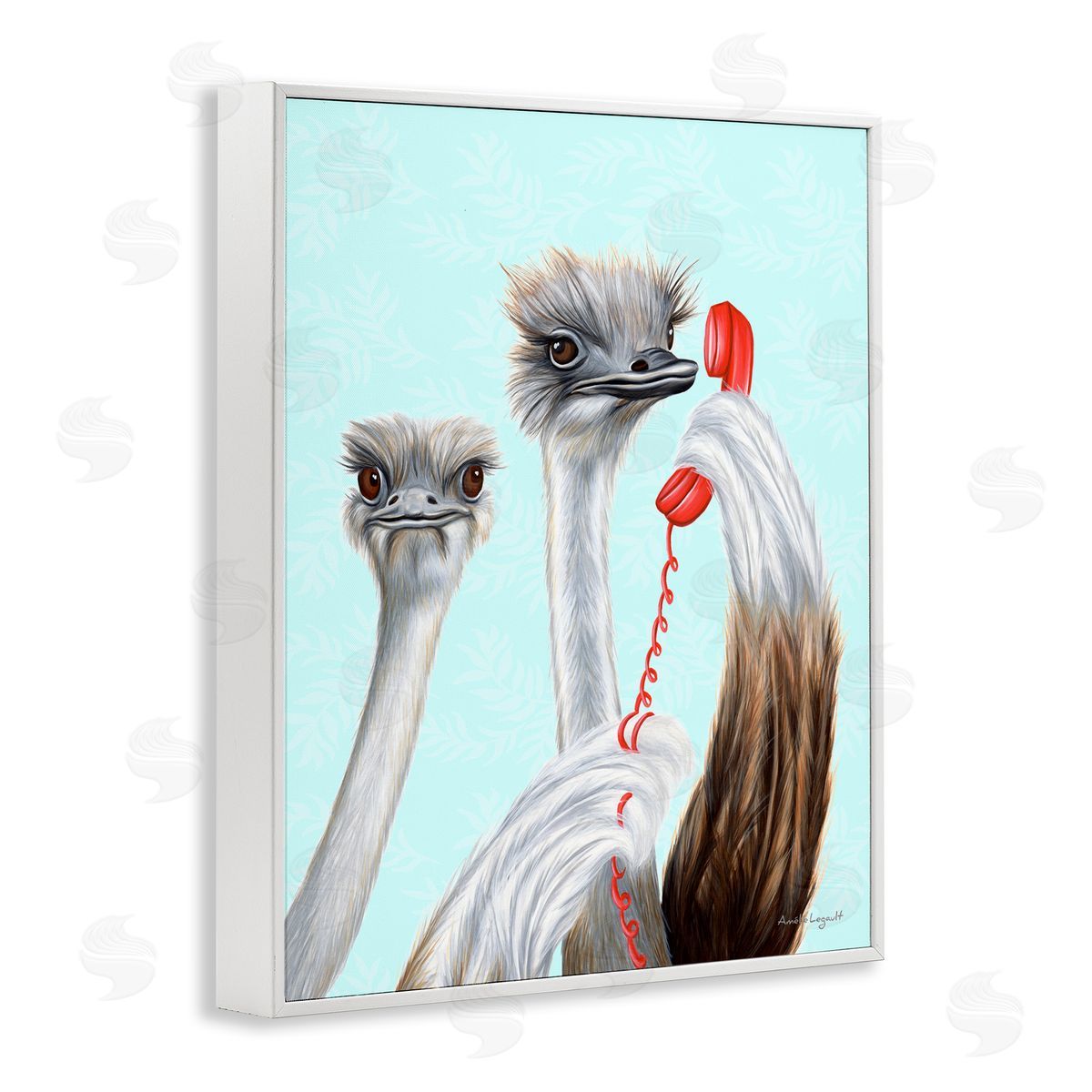 Amelie Legault Detailed Ostrich Birds Talking Red Cord Telephone  White Framed Giclee Wall Art Print