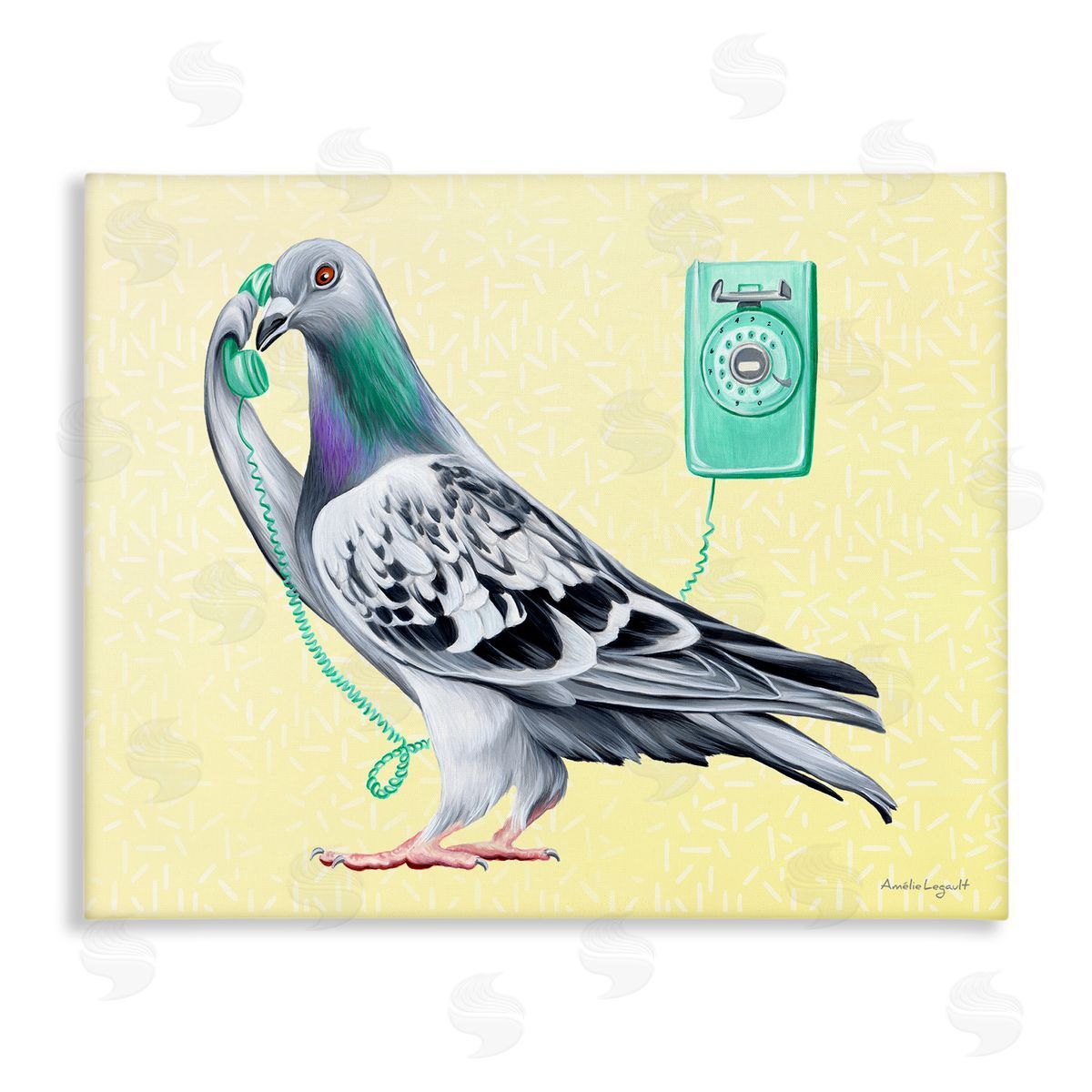Amelie Legault Pastel Pigeon Vintage Phone Call Yellow  Stretched Canvas Wall Art Print