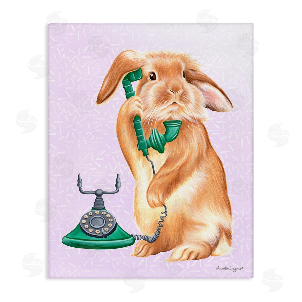 Amelie Legault Fluffy Bunny Rabbit Talking Green Rotary Phone  Stretched Canvas Wall Art Print