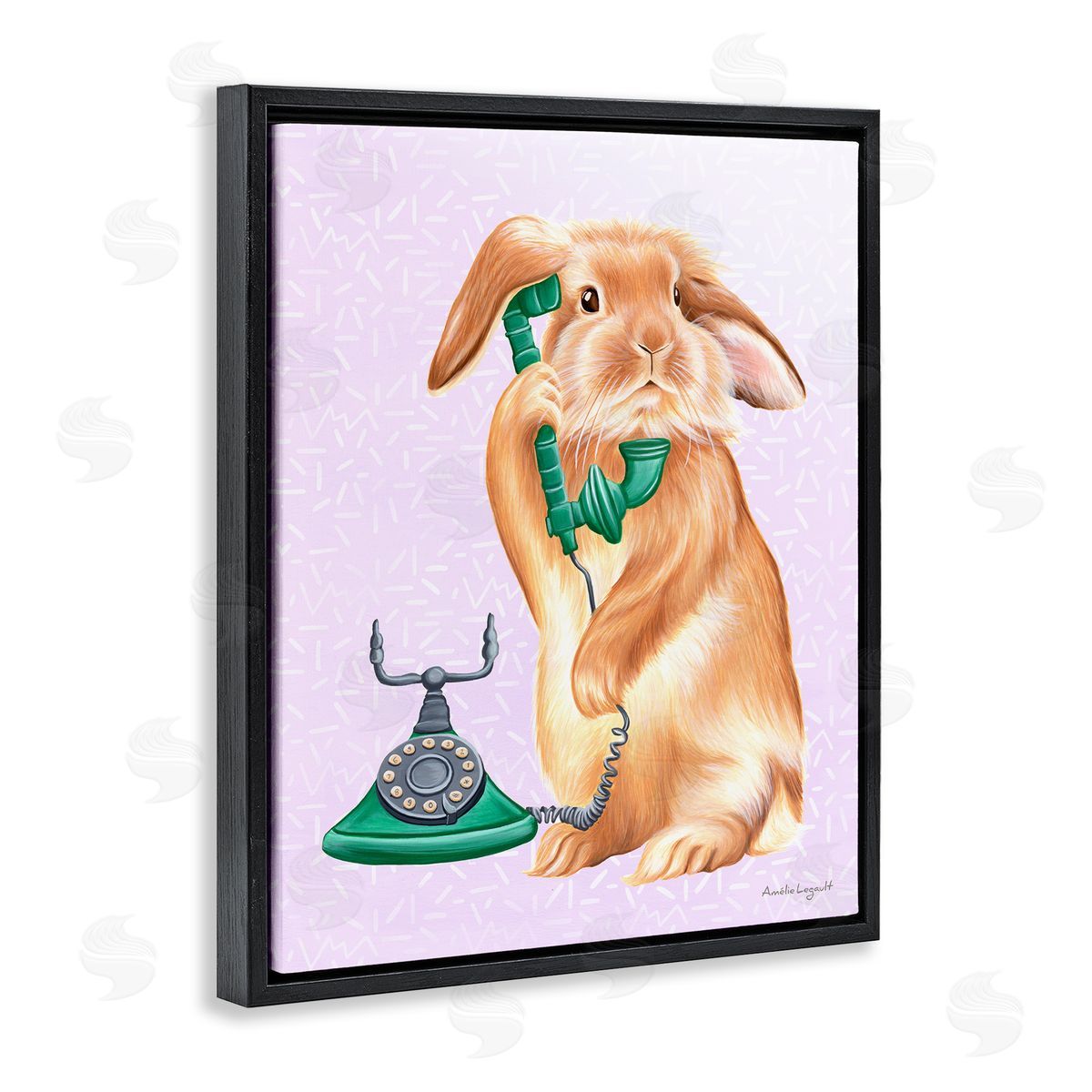Amelie Legault Fluffy Bunny Rabbit Talking Green Rotary Phone  Black Floating Frame Canvas Wall Art Print
