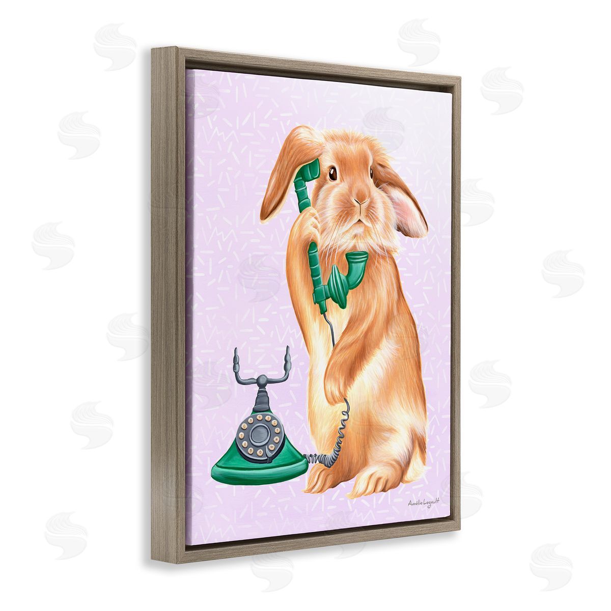 Amelie Legault Fluffy Bunny Rabbit Talking Green Rotary Phone  Brown Floating Frame Canvas Wall Art Print