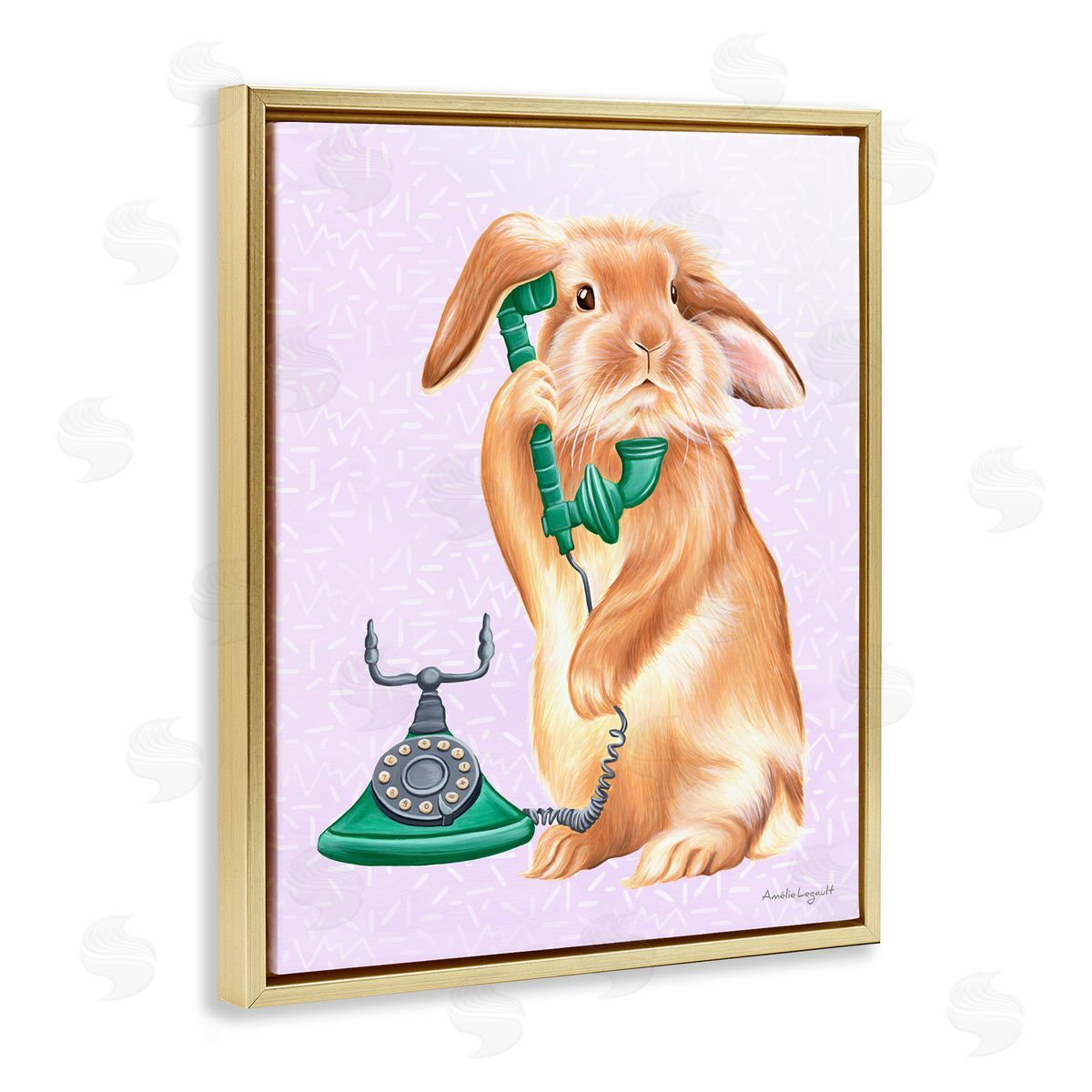 Amelie Legault Fluffy Bunny Rabbit Talking Green Rotary Phone  Gold Floating Frame Canvas Wall Art Print