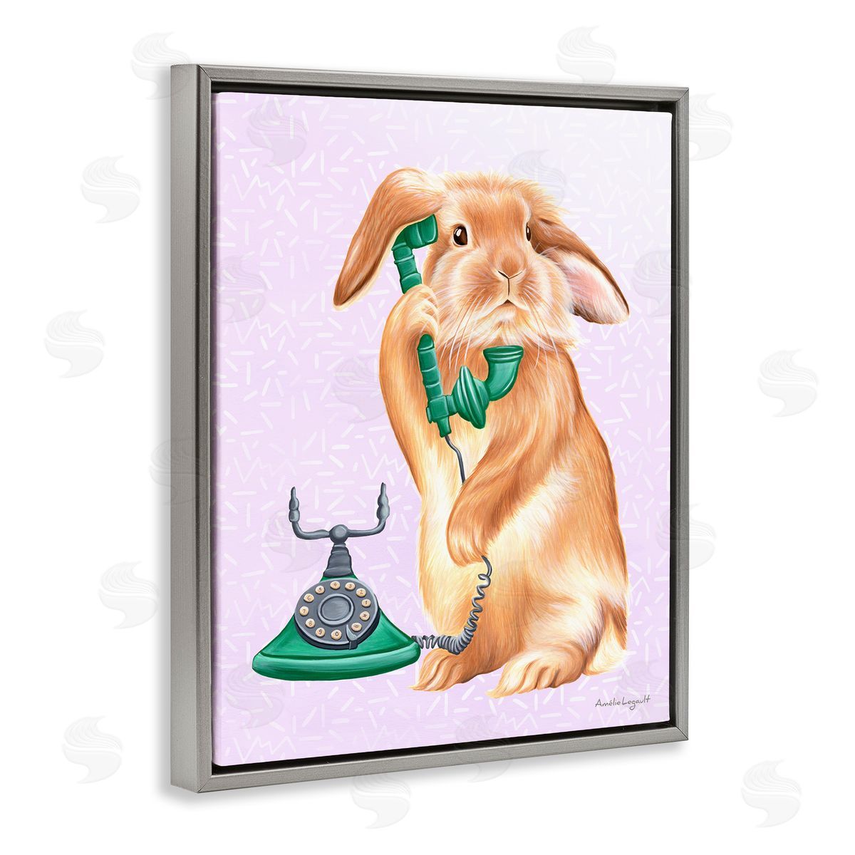 Amelie Legault Fluffy Bunny Rabbit Talking Green Rotary Phone  Gray Floating Frame Canvas Wall Art Print