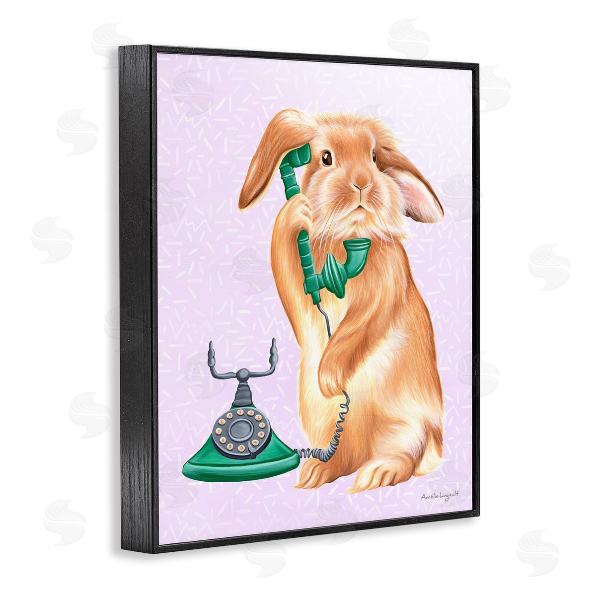 Amelie Legault Fluffy Bunny Rabbit Talking Green Rotary Phone  Black Framed Giclee Wall Art Print