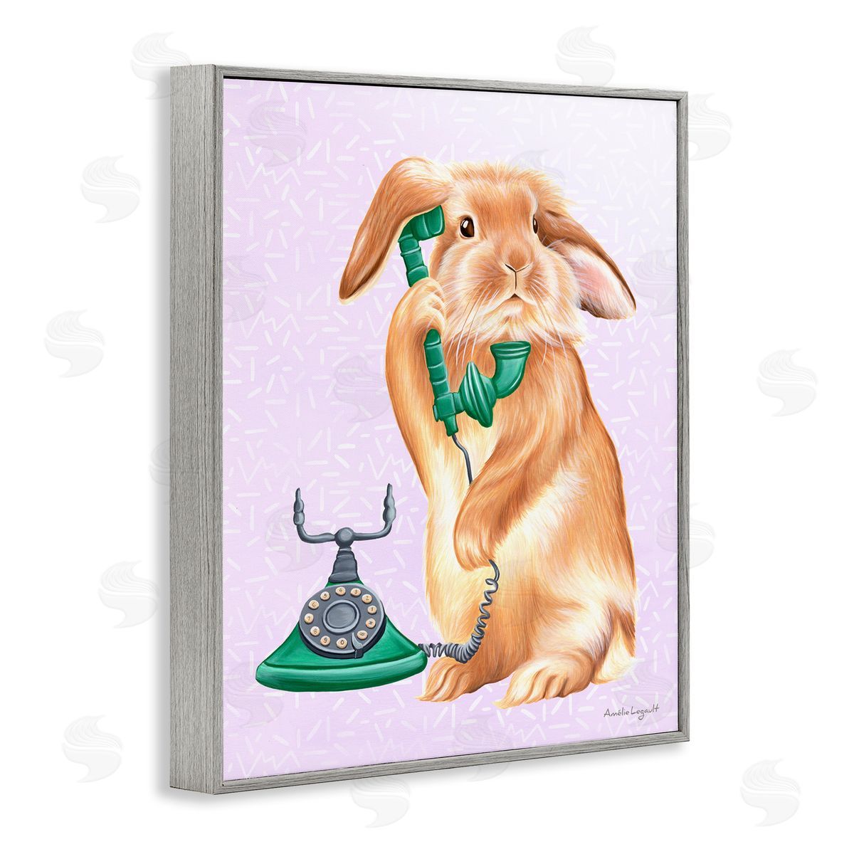 Amelie Legault Fluffy Bunny Rabbit Talking Green Rotary Phone  Gray Framed Giclee Wall Art Print
