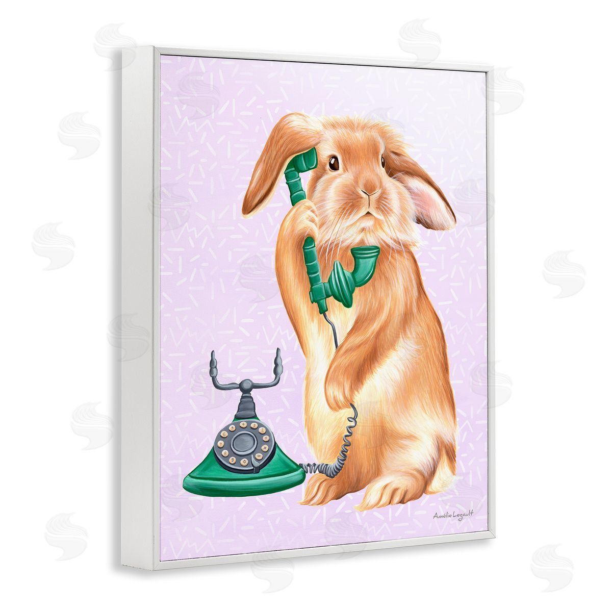 Amelie Legault Fluffy Bunny Rabbit Talking Green Rotary Phone  White Framed Giclee Wall Art Print
