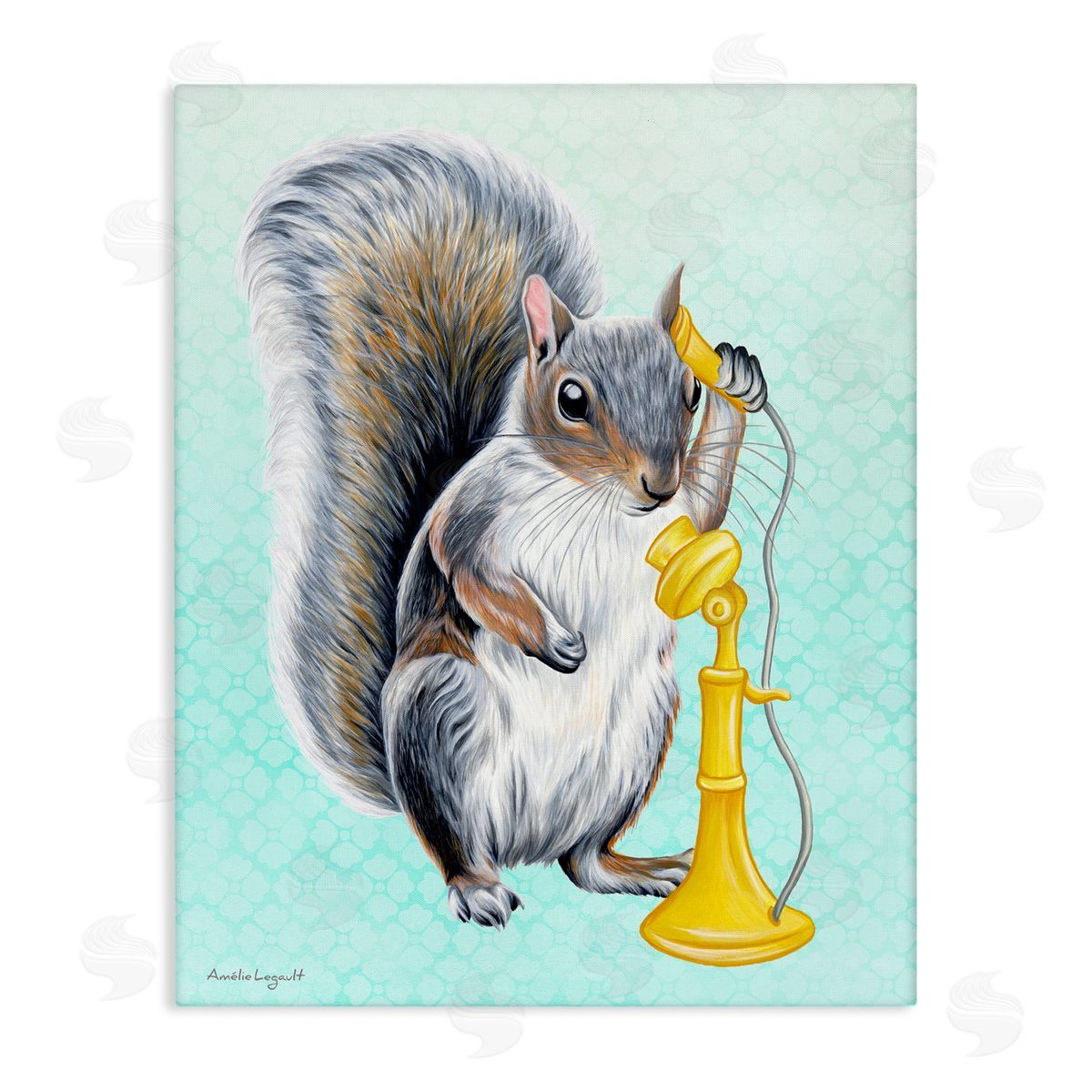 Amelie Legault Squirrel Talking Yellow Candlestick Telephone Patterned Shapes Stretched Canvas Wall Art Print