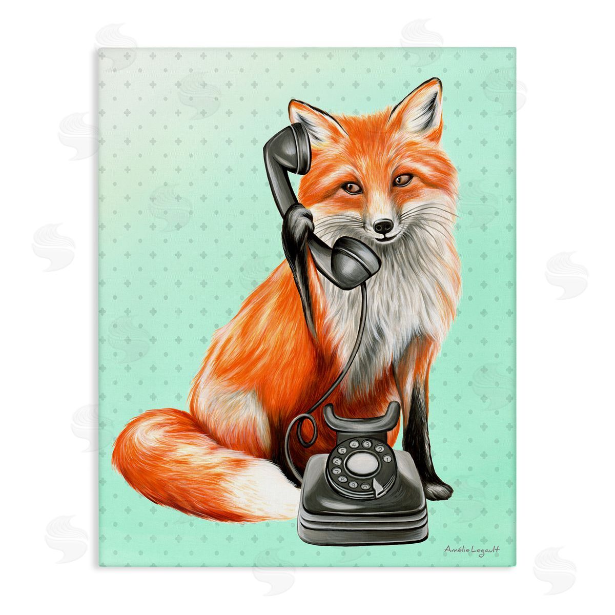 Amelie Legault Red Fox Vintage Phone Dotted Ombre Pattern Stretched Canvas Wall Art Print