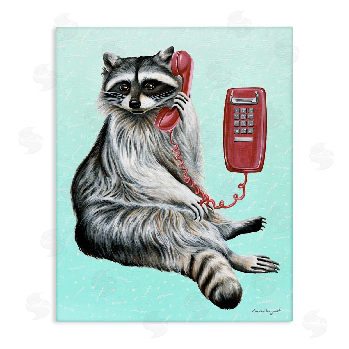 Amelie Legault Raccoon Lounging Cord Phone Vivid Turquoise  Stretched Canvas Wall Art Print