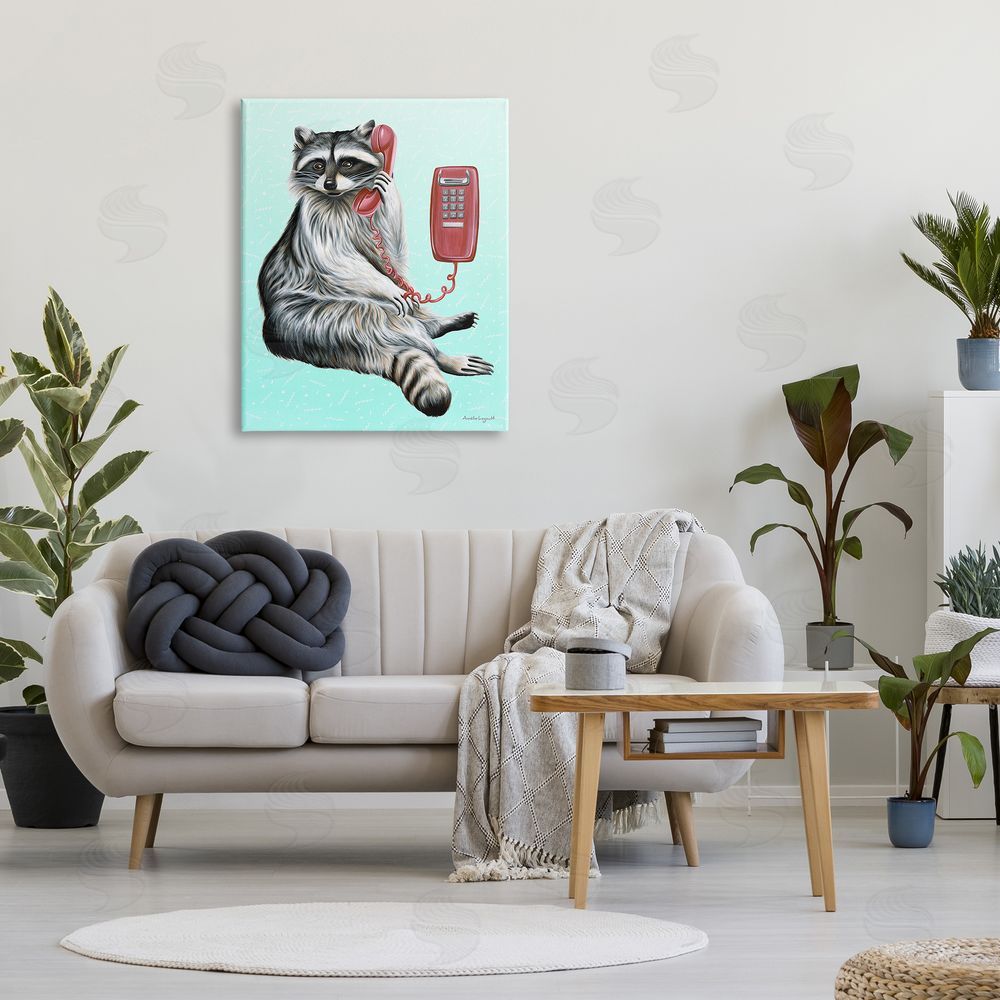 Amelie Legault Raccoon Lounging Cord Phone Vivid Turquoise  Canvas Wall Art Print in Room