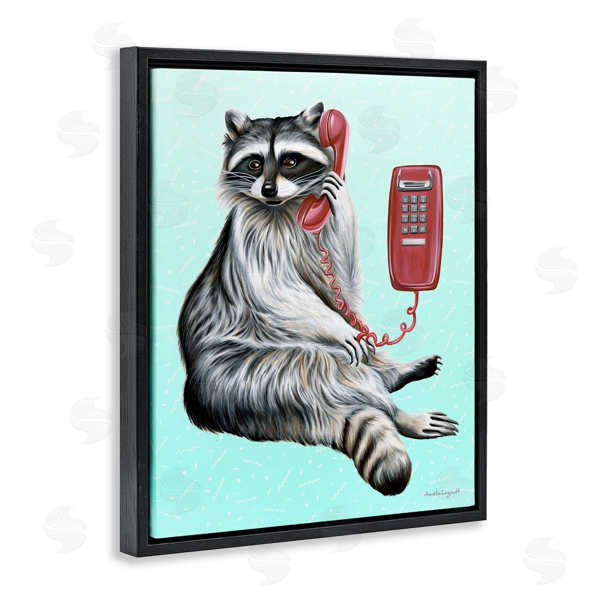 Amelie Legault Raccoon Lounging Cord Phone Vivid Turquoise  Black Floating Frame Canvas Wall Art Print
