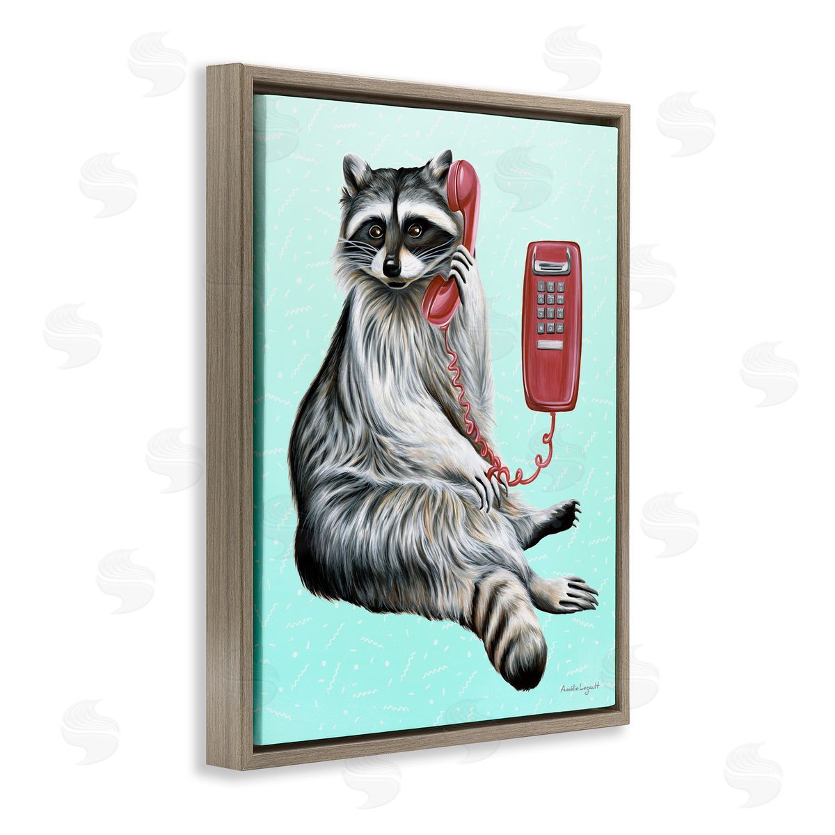 Amelie Legault Raccoon Lounging Cord Phone Vivid Turquoise  Brown Floating Frame Canvas Wall Art Print