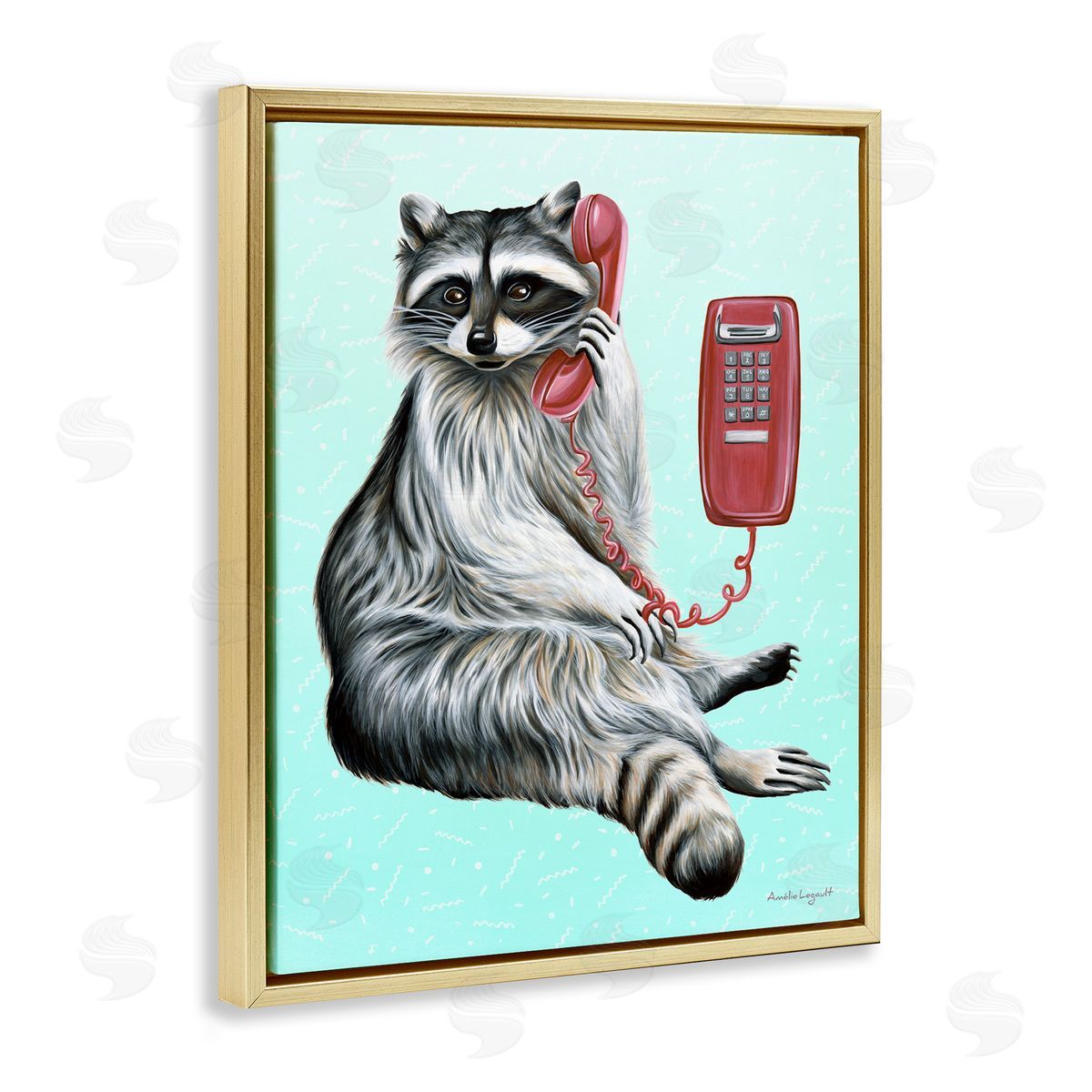 Amelie Legault Raccoon Lounging Cord Phone Vivid Turquoise  Gold Floating Frame Canvas Wall Art Print