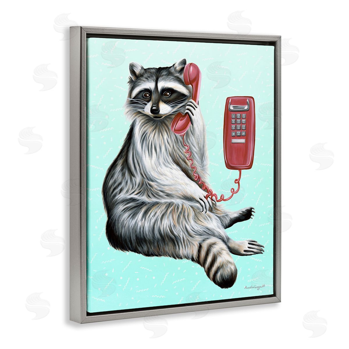 Amelie Legault Raccoon Lounging Cord Phone Vivid Turquoise  Gray Floating Frame Canvas Wall Art Print