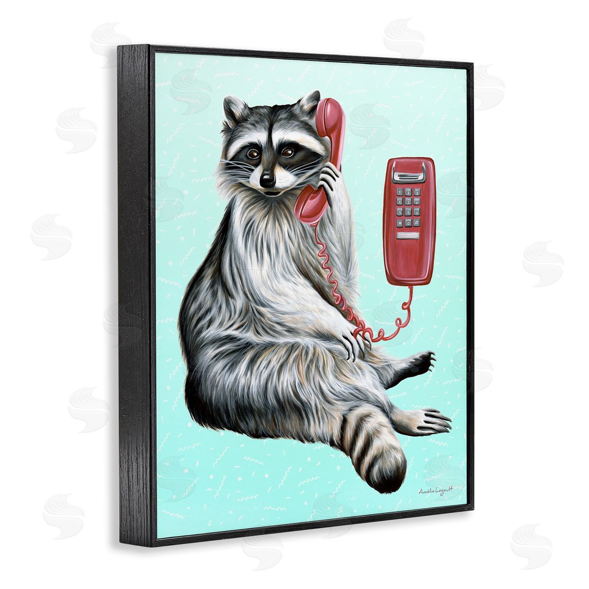 Amelie Legault Raccoon Lounging Cord Phone Vivid Turquoise  Black Framed Giclee Wall Art Print