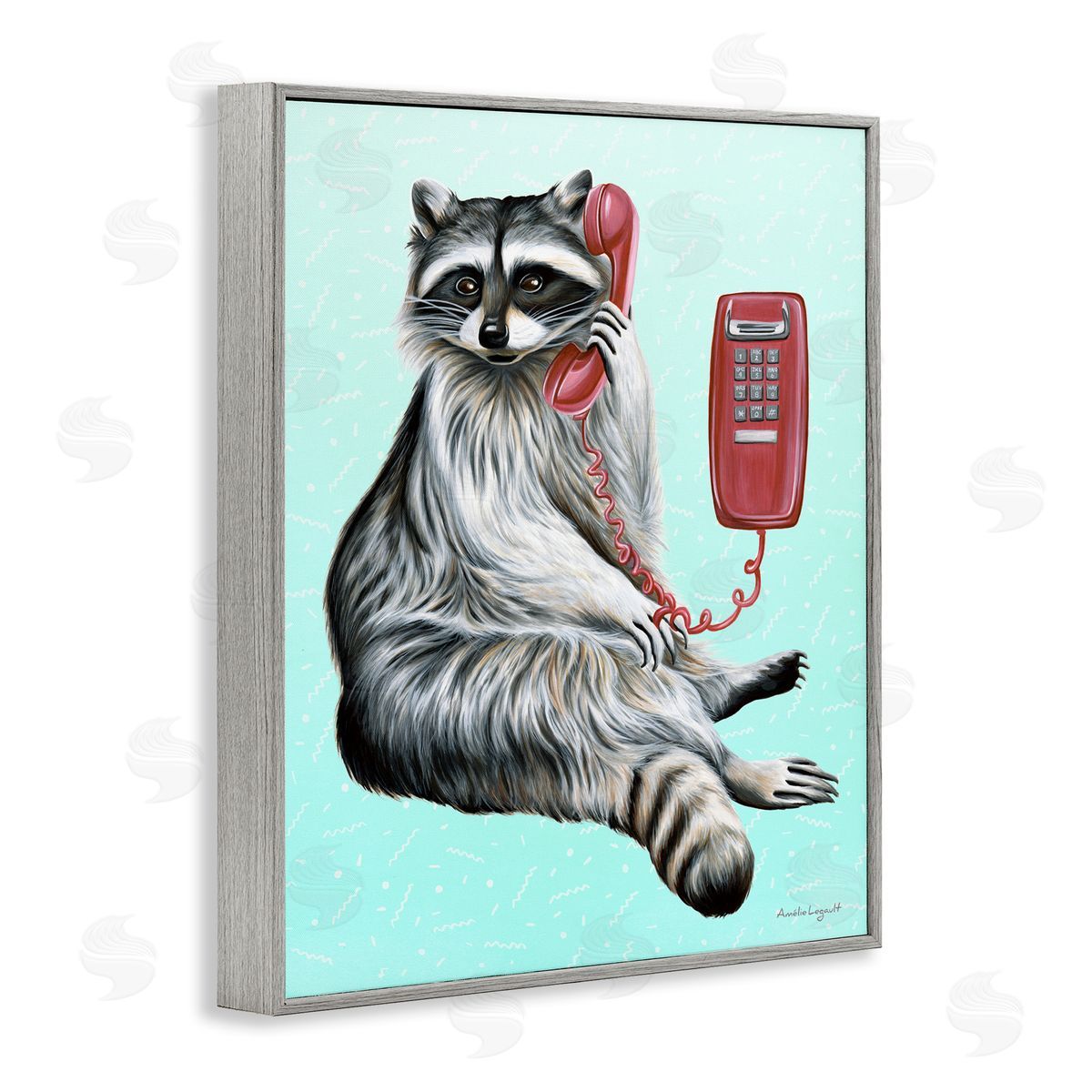 Amelie Legault Raccoon Lounging Cord Phone Vivid Turquoise  Gray Framed Giclee Wall Art Print