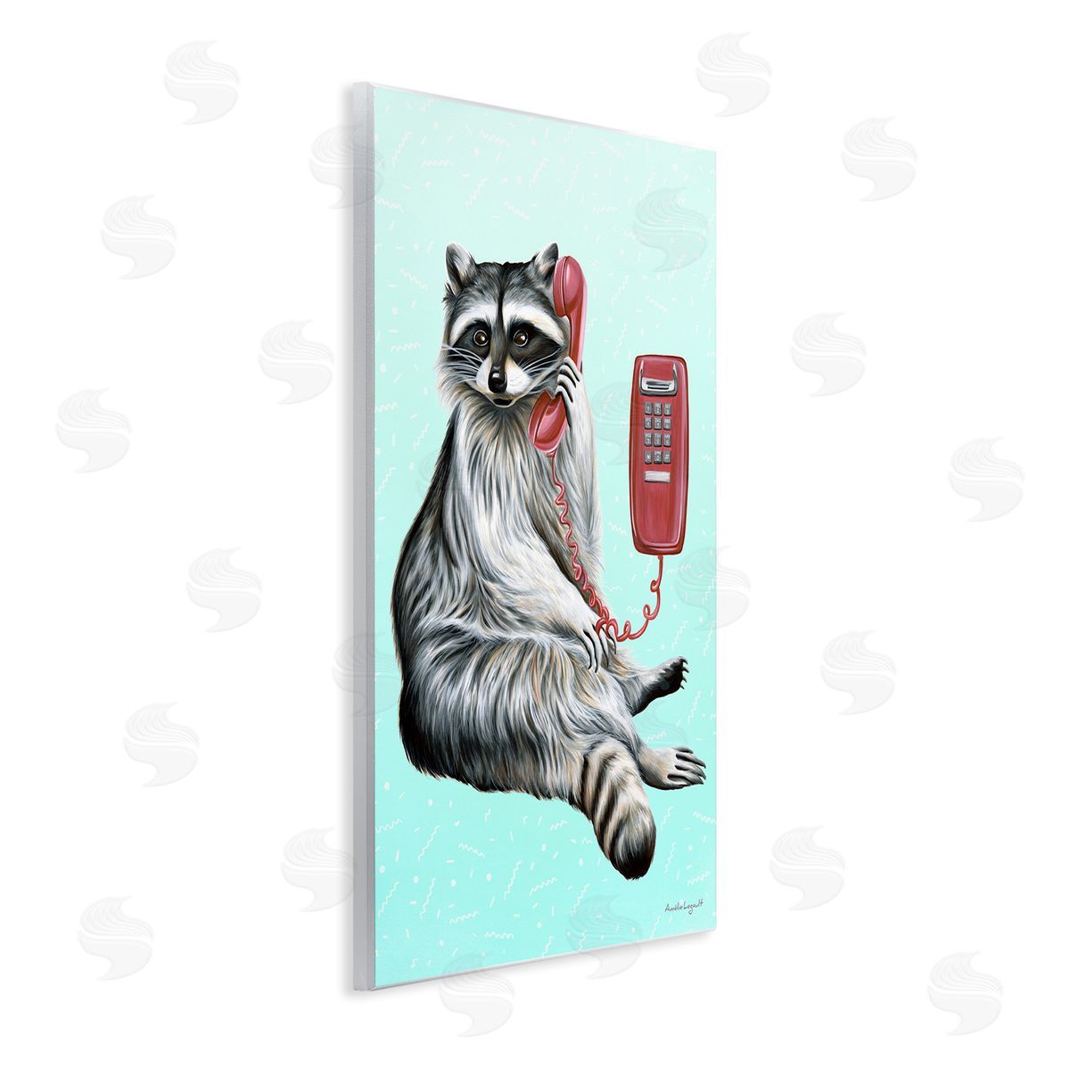 Amelie Legault Raccoon Lounging Cord Phone Vivid Turquoise  Wall Plaque Art Print